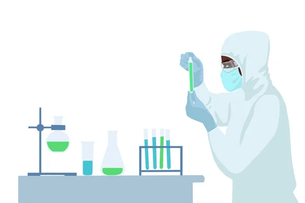 Africká žena vědec v chránit uniformu analyzuje výsledky v chemické laboratoři. — Stockový vektor