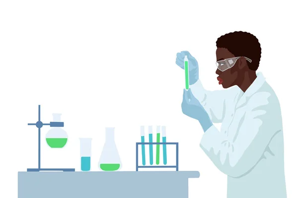 Afrikanische Wissenschaftlerin analysiert Ergebnisse im Chemielabor. — Stockvektor