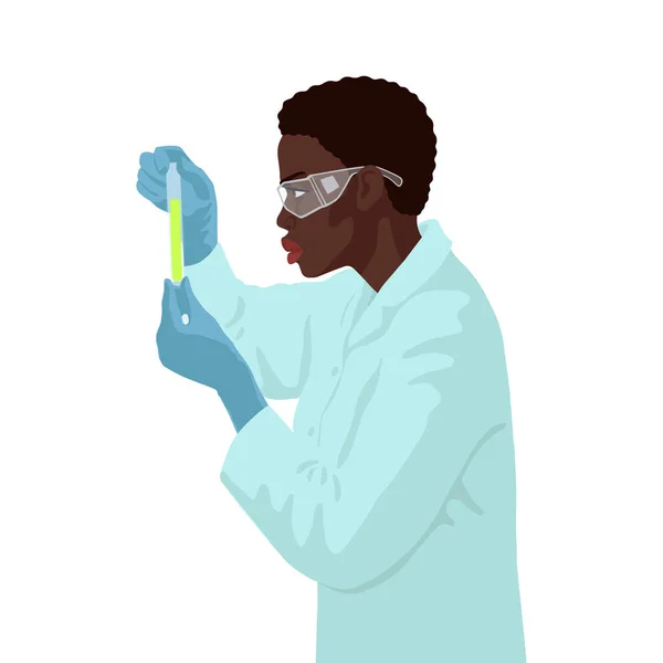 Африканская женщина-ученый анализирует результаты в химической лаборатории. Вид сбоку . — стоковый вектор