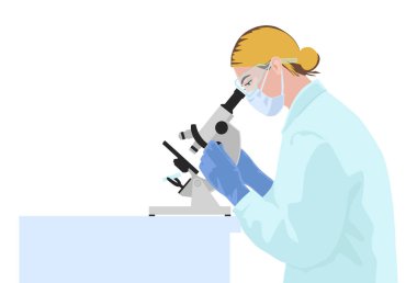 Avrupalı kadın bilim adamı mikroskopta sonuçları analiz ediyor. Kimya laboratuvarı.