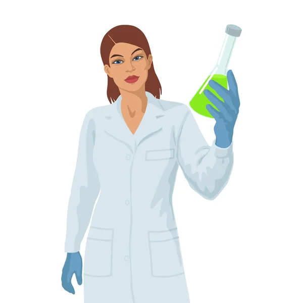Femme scientifique européenne avec échantillon de liquide. Concept de recherche sur les vaccins . — Image vectorielle