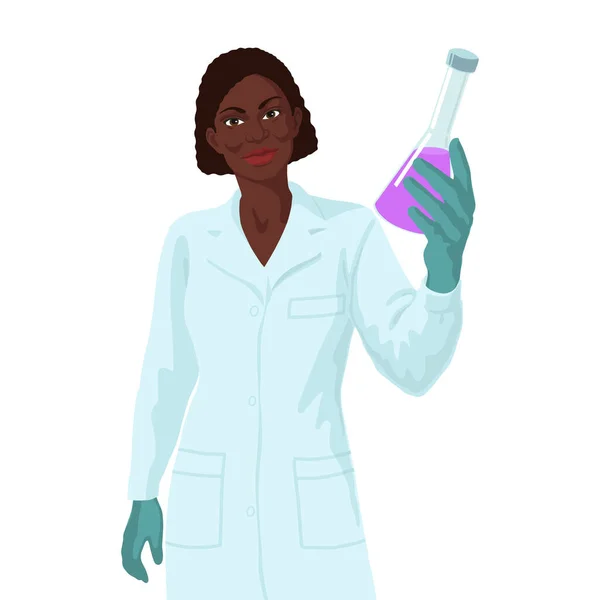 African woman scientist holding a sample of liquid. Vaccine research concept. — Stock Vector