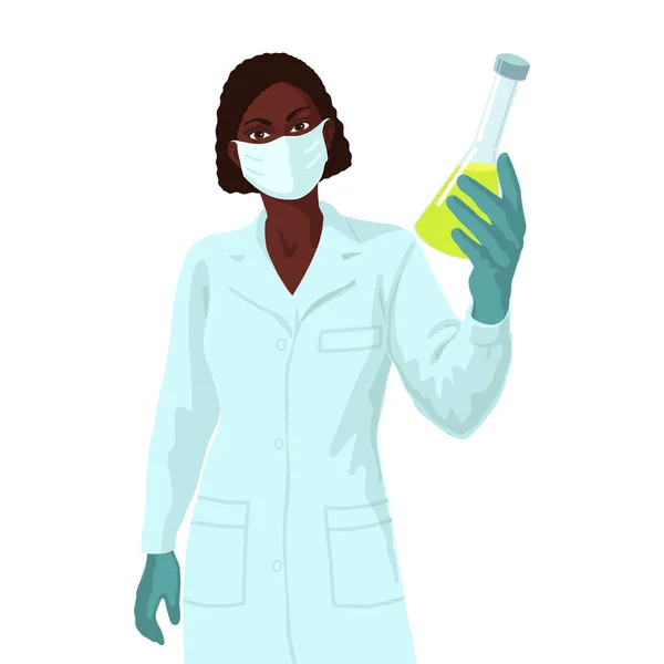 Femme scientifique africaine avec échantillon de liquide. Concept de recherche sur les vaccins . — Image vectorielle