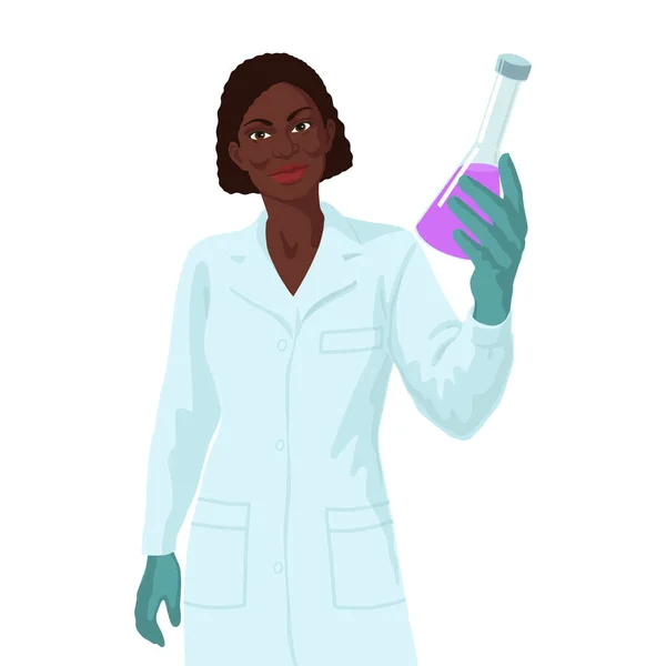 아프리카 여성 과학자가 액체 샘플을 들고 있습니다. 백신 연구 개념. — 스톡 벡터