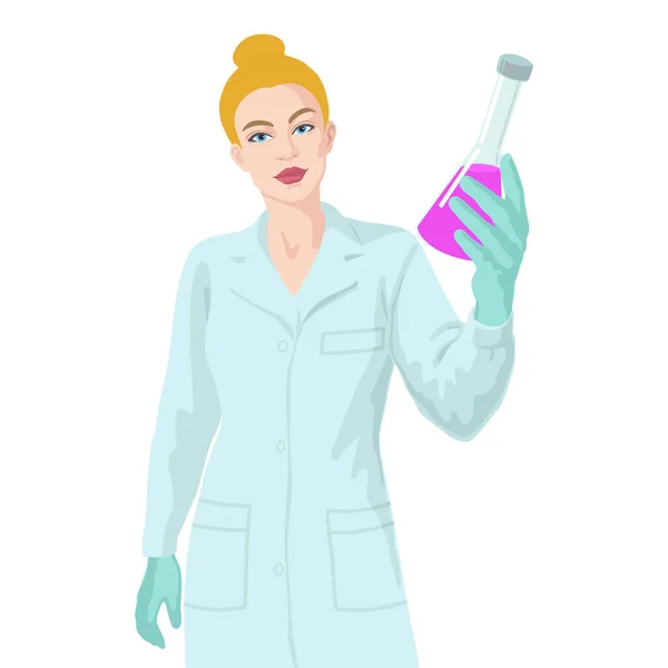 액체 샘플을 가지고 있는 코카서스 여성 과학자였습니다. 백신 연구 개념. — 스톡 벡터