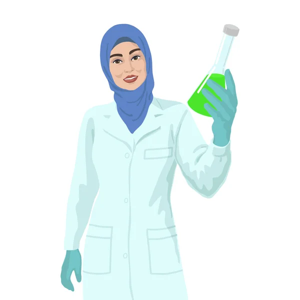 액체 샘플을 가지고 있는 아랍 여성 과학자입니다. 백신 연구 개념. — 스톡 벡터