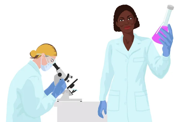 Europäische und afrikanische Wissenschaftlerinnen im Labor. Impfstoff-Forschungskonzept. — Stockvektor