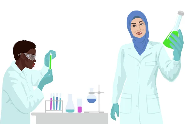 Des femmes arabes et africaines scientifiques en laboratoire. Concept de recherche sur les vaccins . — Image vectorielle