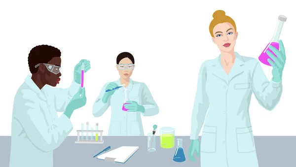 欧洲，非洲，亚洲的女科学家在实验室里。疫苗研究概念. — 图库矢量图片