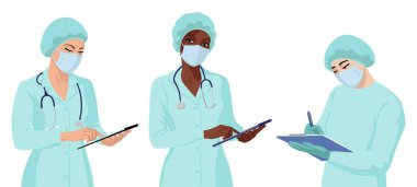Afrikalı, Avrupalı ve Asyalı kadın doktor. Gerçekçi düz portre.