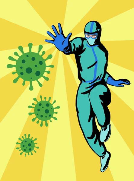 Dokter superhero berkelahi dengan coronavirus. Poster gambar tangan datar, gaya vintage - Stok Vektor