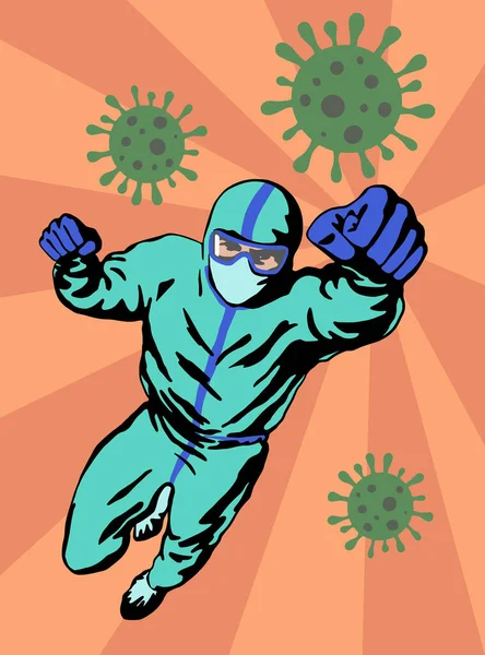 Dokter superhero berkelahi dengan coronavirus. Poster gambar tangan datar, gaya retro - Stok Vektor