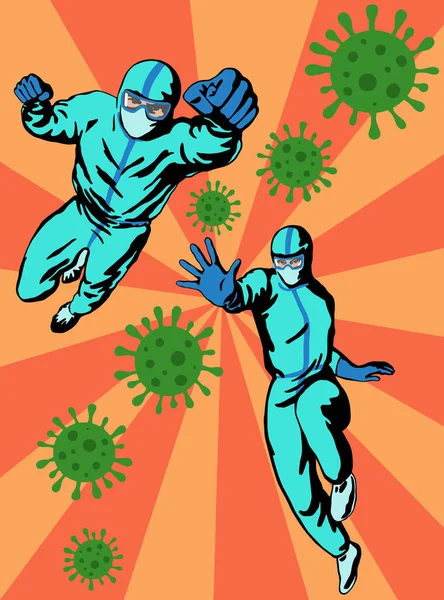 Ärzte Superhelden im Kampf mit dem Coronavirus. Handgezeichnetes flaches Poster im Retro-Stil — Stockvektor