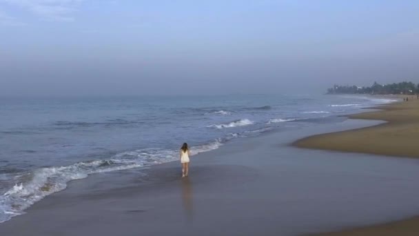Luftaufnahme, in der das Mädchen allein am Strand mit Meereswellen spaziert — Stockvideo