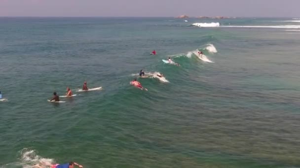 2018 FEBBRAIO SRI LANKA, HIKKADUWA tiro aereo di surfisti spiaggia — Video Stock