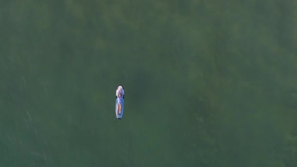 Όμορφο κορίτσι βρίσκεται σε ένα surf σε κύματα copter με θέα στον ωκεανό παραλία — Αρχείο Βίντεο