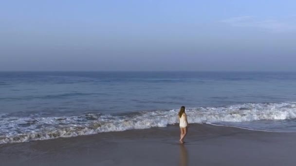 Disparo aéreo en cámara lenta la chica está caminando por la playa por la mañana con olas del océano — Vídeos de Stock