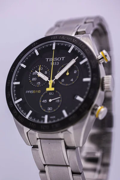 Le Locle, Швейцарія 15.01.2020 - Tissot man watch non stainless steel case, black clock face dial, metal bracelet, swiss quartz techanticical watch isolated, swiss mailt — стокове фото