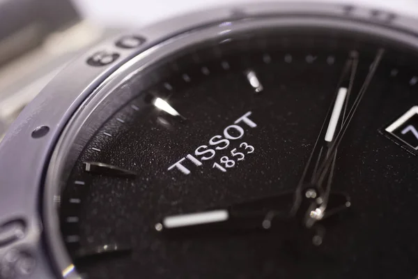 Le Locle, Швейцарія 15.01.2020 - Tissot man watch less steel case, black clock face dial, swiss quartz techantic watch isolated, swiss made production — стокове фото