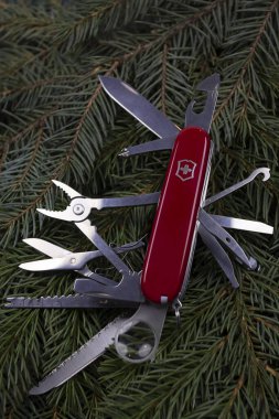 İbach, İsviçre 02.02.2020 - İsviçre ordu bıçağı Victorinox Red açıldı