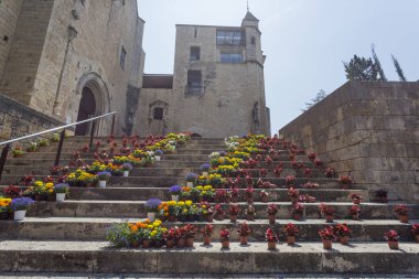 Gotik mahalledeki merdiven. Girona çiçekleri. Tiempo de un festivali.