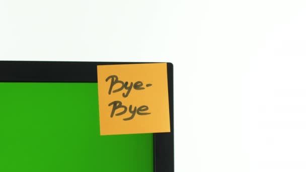 "Adesivo de Bye-Bye no PC, chave chroma. Fundo branco. Espaço para cópia. Comunicação — Vídeo de Stock
