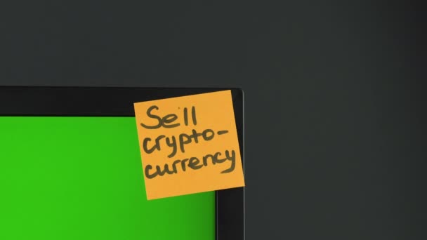 "Πώληση αυτοκόλλητο cryptocurrency "στον υπολογιστή, chroma κλειδί. Μαύρο φόντο. Αντιγραφή χώρου — Αρχείο Βίντεο