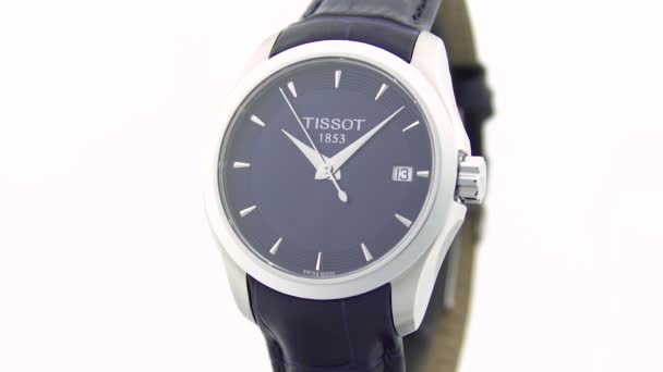 Le Locle, Switzerland 15.01.2020 - Tissot woman watch stainless steel case, leather strap, swiss quartz mechanical watch isolated, swiss made manufacture close-up — Stock Video