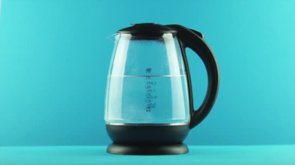 An electric kettle with transparent walls. Active boiling. Measuring scale — Stock Video