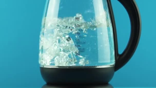 Электрический чайник со стеклянными стенами. Процесс кипения. Синий фон. Концепция — стоковое видео