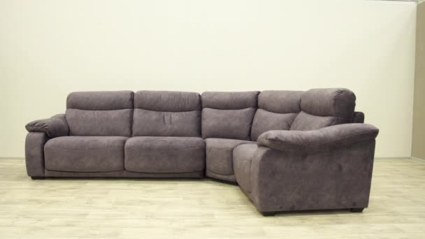 Sofá roxo de veludo de canto. Interior confortável. Apartamento minimalista . — Vídeo de Stock