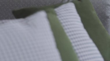 Dekoratif bej ve yeşil minimalist tasarımcı yastıklar düzgünce kanepede yatıyor.