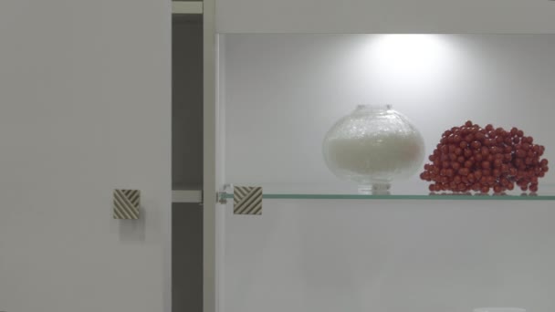 Porta dell'armadio bianco. Mensole in vetro con rosone rosso e vaso decorativo — Video Stock