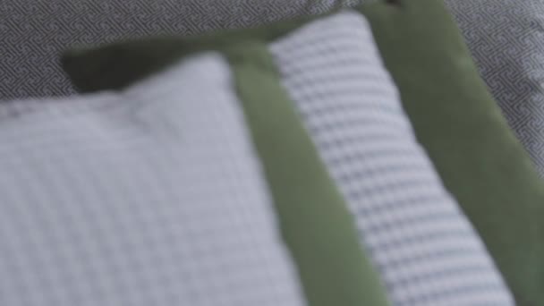 Dekoratív bézs és zöld minimalista tervező párnák szépen feküdnek a kanapén — Stock videók