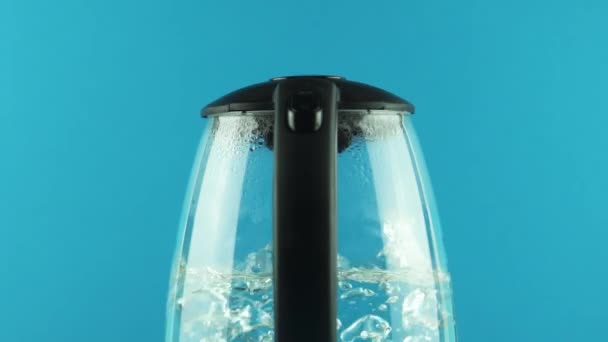 一个有透明墙壁的电水壶。沸腾的过程。蓝色背景 — 图库视频影像
