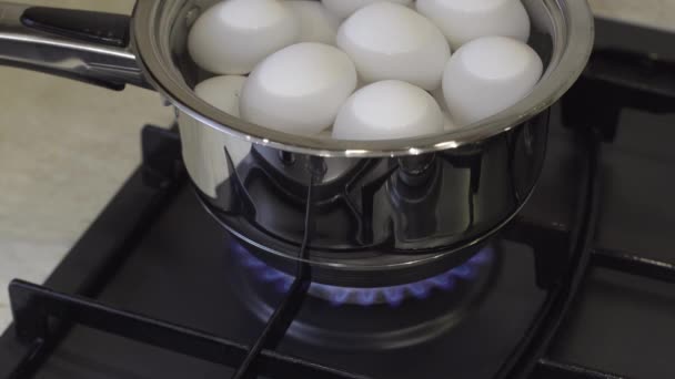 Vita hönsägg hårdkokta i metallpanna på gasspis. Frukost matlagning — Stockvideo