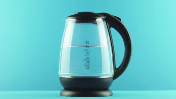 An electric kettle with transparent walls. Boiling. Blue. Concept shot — Stock Video