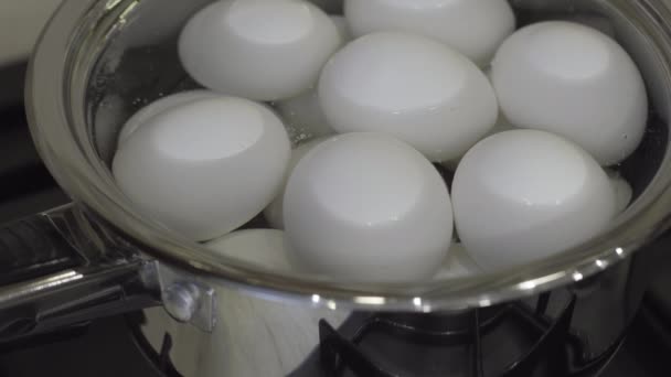 Raw white chicken eggs hard boiled in metal pan. Healthy breakfast cooking — Stock Video