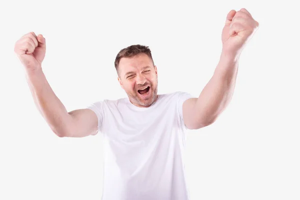 Middle age man screaming with joy. Happiness of victory and fan win concept — Stock Photo, Image