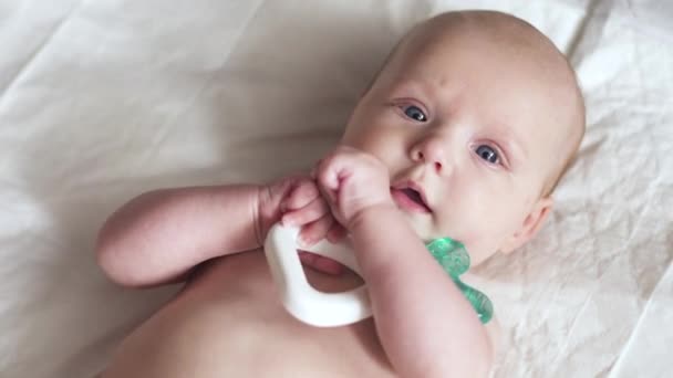 Un neonato giace sul tovagliolo sul retro con un giocattolo in mano e cerca di mordicchiarlo. — Video Stock