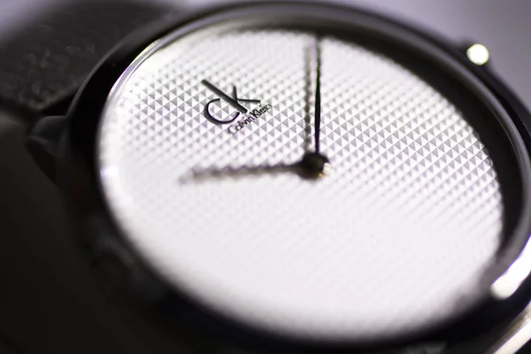 Biel, Svizzera 31.03.2020 - Il primo piano di CALVIN KLEIN donna orologio cassa in acciaio svizzero orologio al quarzo svizzero fabbricazione macro — Foto Stock