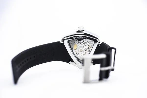 Biel, Switzerland 31.03.2020 - The close of Hamilton man watch stainless steel case back case swiss quartz Machine watch isolated lying on table swiss made productions — 스톡 사진