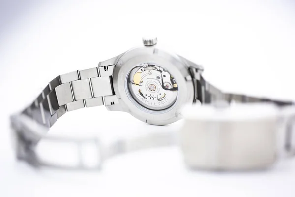 Biel, Switzerland 31.03.2020 - The close of Hamilton man watch stainless steel recase stainless steel cancellelet swiss quartz machine watch isolated lying on table swiss made manufactory — 스톡 사진