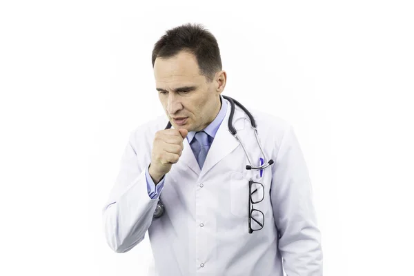 Man coughing into fist viral infection symptoms of disease. Doctor got pneumonia — Stock Photo, Image