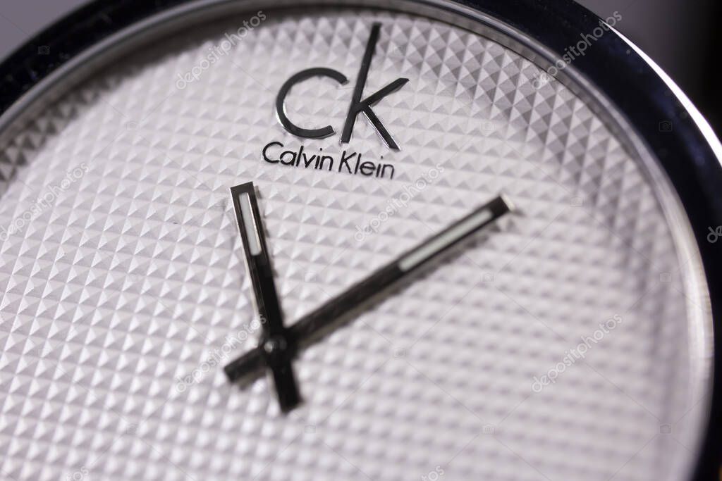 Biel, Switzerland 31.03.2020 - The closeup of CALVIN KLEIN woman watch stainless steel case swiss quartz watch swiss made manufacture macro .