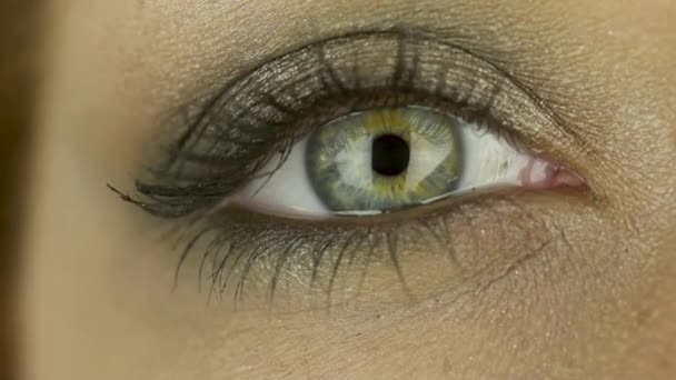 Один женский глаз со слезами и макияжем смотрит в камеру, зрачок сужается. Крупный план — стоковое видео