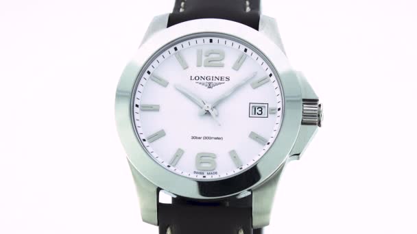 Saint-Imier, Switzerland, 2.02.2020 - Longines watch white clock face dial close up . classic elegant swiss made watches — Stock Video