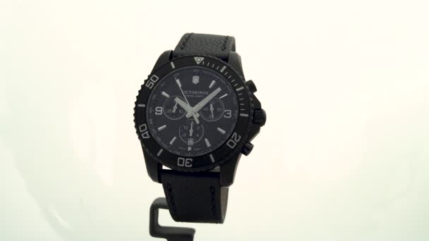 스위스 , Ibach 2020 - Victorinox Man watch stainless steel case black clock face locked on white background — 비디오