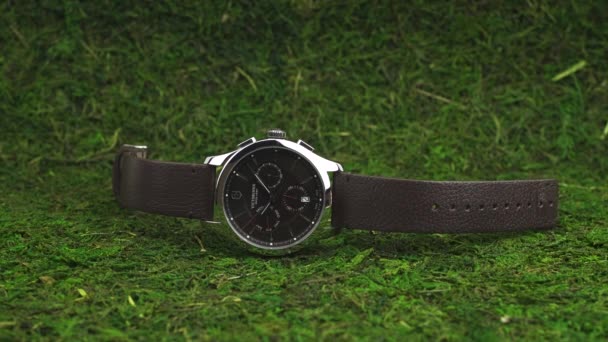 Ibach, Suiza 7.04.2020 - Victorinox Hombre reloj caja de acero inoxidable esfera de reloj negro correa de caucho que miente sobre el musgo verde — Vídeos de Stock