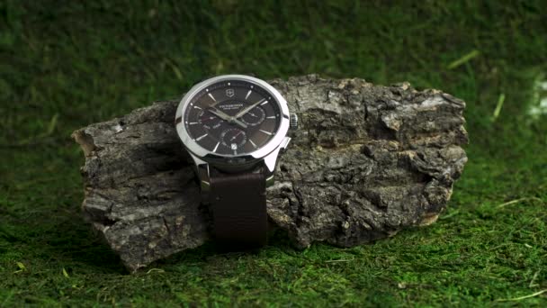 Ibach, Szwajcaria 7.04.2020 - Victorinox Man watch stainless steel case black clock face dial rubber strap on piece of shabby wood on background of green mess — Wideo stockowe